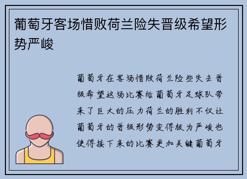 葡萄牙客场惜败荷兰险失晋级希望形势严峻