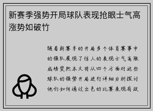 新赛季强势开局球队表现抢眼士气高涨势如破竹