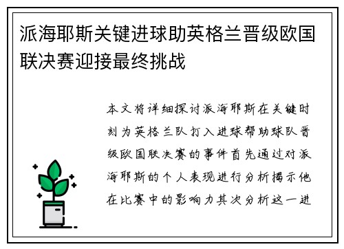 派海耶斯关键进球助英格兰晋级欧国联决赛迎接最终挑战